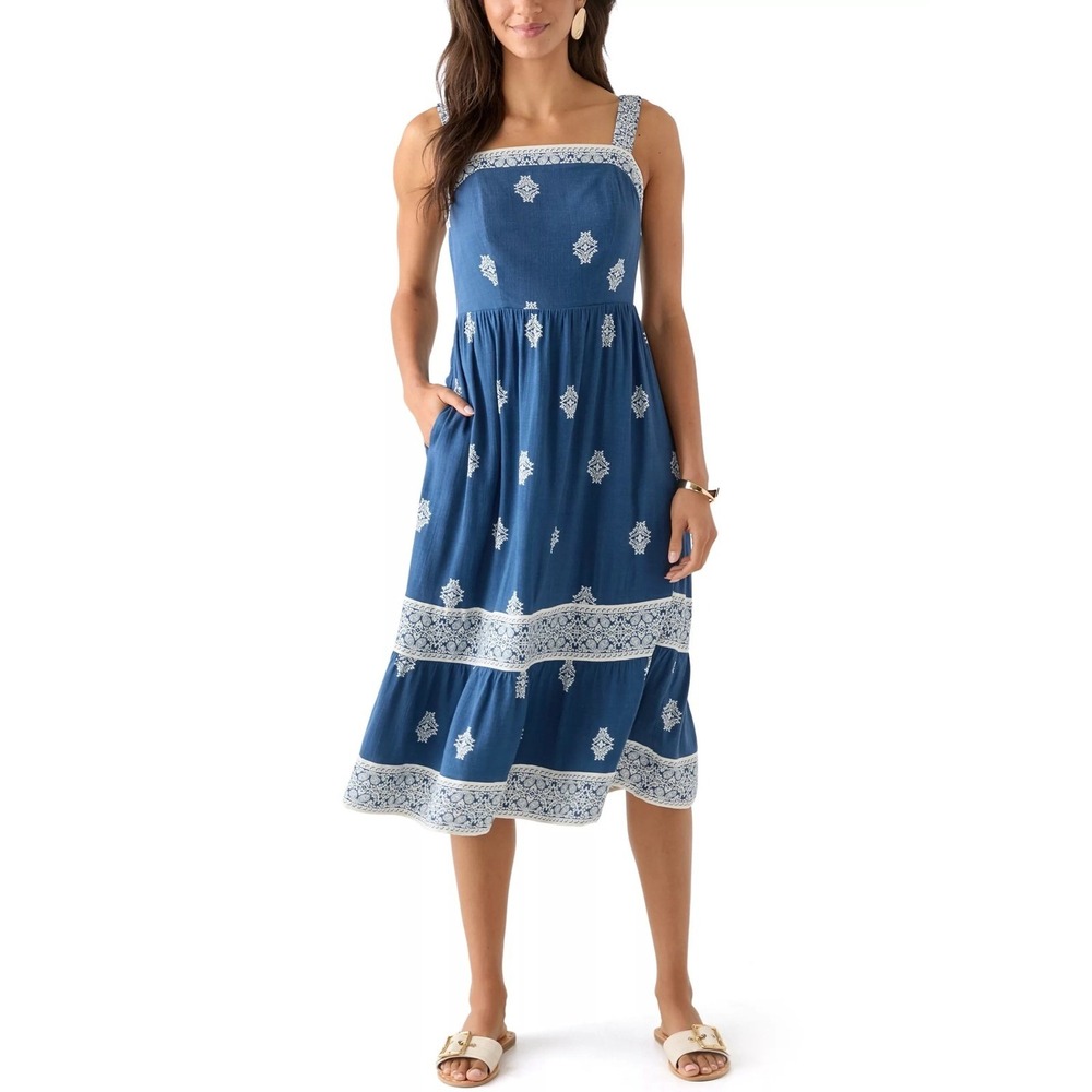 Lucky‎ Brand Blue Medallion Print Maxi Dress, XL, Smocked Back, Pockets